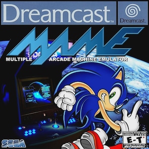 May include: Dreamcast game cover featuring Sonic the Hedgehog. The title "MAME" is in large blue letters, with "Multiple Arcade Machine Emulator" below. The Dreamcast logo is in the top right corner, and the Sega logo is at the bottom left.