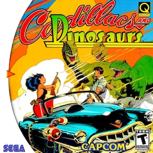 May include: Cadillacs and Dinosaurs video game cover art. A teal car with a red and silver device on the hood is driven by a man and woman. Dinosaurs and the game title are in the background. The Sega and Capcom logos are visible.