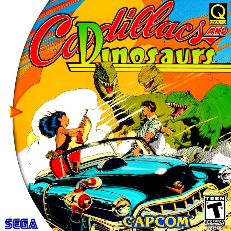 May include: Cadillacs and Dinosaurs video game cover art. A teal car with a red and silver device on the hood is driven by a man and woman. Dinosaurs and the game title are in the background. The Sega and Capcom logos are visible.