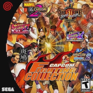 May include: A Sega Dreamcast game disc featuring the "F Fighting Collection" title. The disc art showcases various characters from fighting games like Street Fighter, Marvel vs. Capcom, and Capcom vs. SNK 2. The disc has a red and orange color scheme.