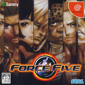 May include: Force Five video game cover art. The cover features a collage of character portraits with intense expressions. The game's title is in a stylized font with a fiery emblem. The Dreamcast and Sega logos are visible.