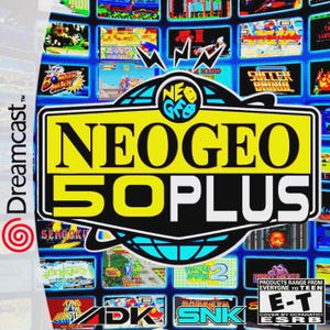 May include: A Dreamcast game case featuring the title "NEOGEO 50 PLUS" in large yellow letters. The case has a blue background with various game screenshots. The Dreamcast logo is visible on the left side. The ESRB rating is also visible.