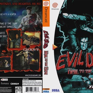 May include: Evil Dead: Hail to the King Dreamcast game case. The cover features a menacing figure wielding a chainsaw, with the game's title in bold red letters. The back of the case has screenshots and text that reads "Groovy".