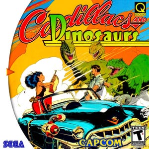 May include: Cadillacs and Dinosaurs video game cover art. A teal car with a red and silver device on the hood is driven by a man. A woman with a rifle is in the car. Dinosaurs and the game title are in the background.