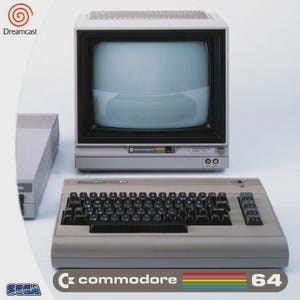 May include: A vintage Commodore 64 computer setup, featuring a beige keyboard, a monitor, and a console. The keyboard has black keys, and the monitor has a gray frame. The Commodore 64 logo is visible.