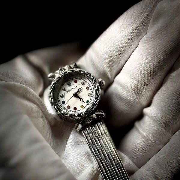 Vintage Style Wristwatch, Colorful Crystal Stones, Silver Mesh Band
