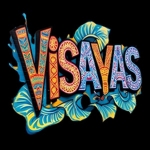 Puede incluir: Un cartel colorido con la palabra "VISAYAS" en letras grandes y en negrita. Las letras están decoradas con intrincados patrones y diseños en tonos rojos, amarillos, azules y verdes. El cartel está sobre un fondo negro.