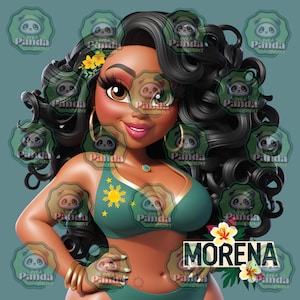 May include: A digital illustration of a woman with dark skin and curly black hair. She wears a green bikini top with a sun design and gold jewelry. The word "MORENA" is displayed in white text.