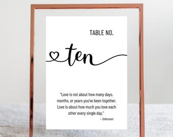 May include: A framed table number card with a rose gold frame. The card reads "TABLE NO." above the word "ten" with a heart symbol. A quote about love is below the number.