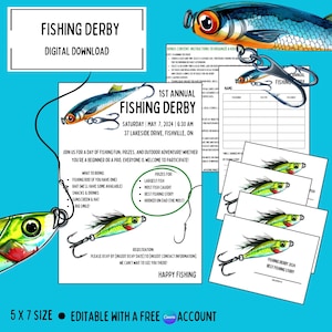 Pode incluir: Um convite imprimível para um torneio de pesca. O convite é azul com uma isca de pesca verde, amarela e vermelha na frente. O texto do convite diz "1º Torneio de Pesca Anual" e inclui a data, a hora e o local do evento. O convite também inclui uma lista do que levar e prêmios para o evento.