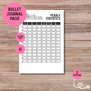 Könnte beinhalten: Eine weiße Bullet-Journal-Seite mit einer Jahresstatistik-Tabelle. Die Tabelle enthält Spalten für Gesamtbücher, Autoren, Seiten, E-Books, Hörbücher, physische Bücher, Wiederholungen und Stunden. Die Seite hat rosa Kreise mit dem Text "BULLET JOURNAL PAGE", "LETTER SIZE", "A5 SIZE" und "2 OPTIONS".