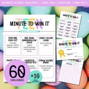May include: A colorful game set titled "Minute to Win It Spring Edition" with challenge cards, a score sheet, and a certificate. The challenges include tasks like popcorn pass-off and candy color clash. The set includes 60 challenges and 10 bonus challenges.