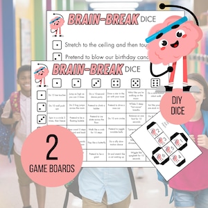 Op de afbeelding: Twee roze spelborden met de tekst "BRAIN-BREAK DICE" en oefeninstructies. Een cartoon hersenkarakter met een zweetband en een DIY dobbelsteen sjabloon zijn ook afgebeeld. De woorden "2 GAME BOARDS" staan in een roze cirkel.