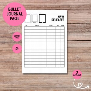 Op de afbeelding: Een witte bullet journal pagina met een rasterindeling voor het bijhouden van nieuwe boekreleases. De pagina bevat secties voor datum, boektitel, auteur, prijs en versie. Roze cirkels geven "Bullet Journal Page", "Letter Size", "A5 Size" en "2 Options" aan.