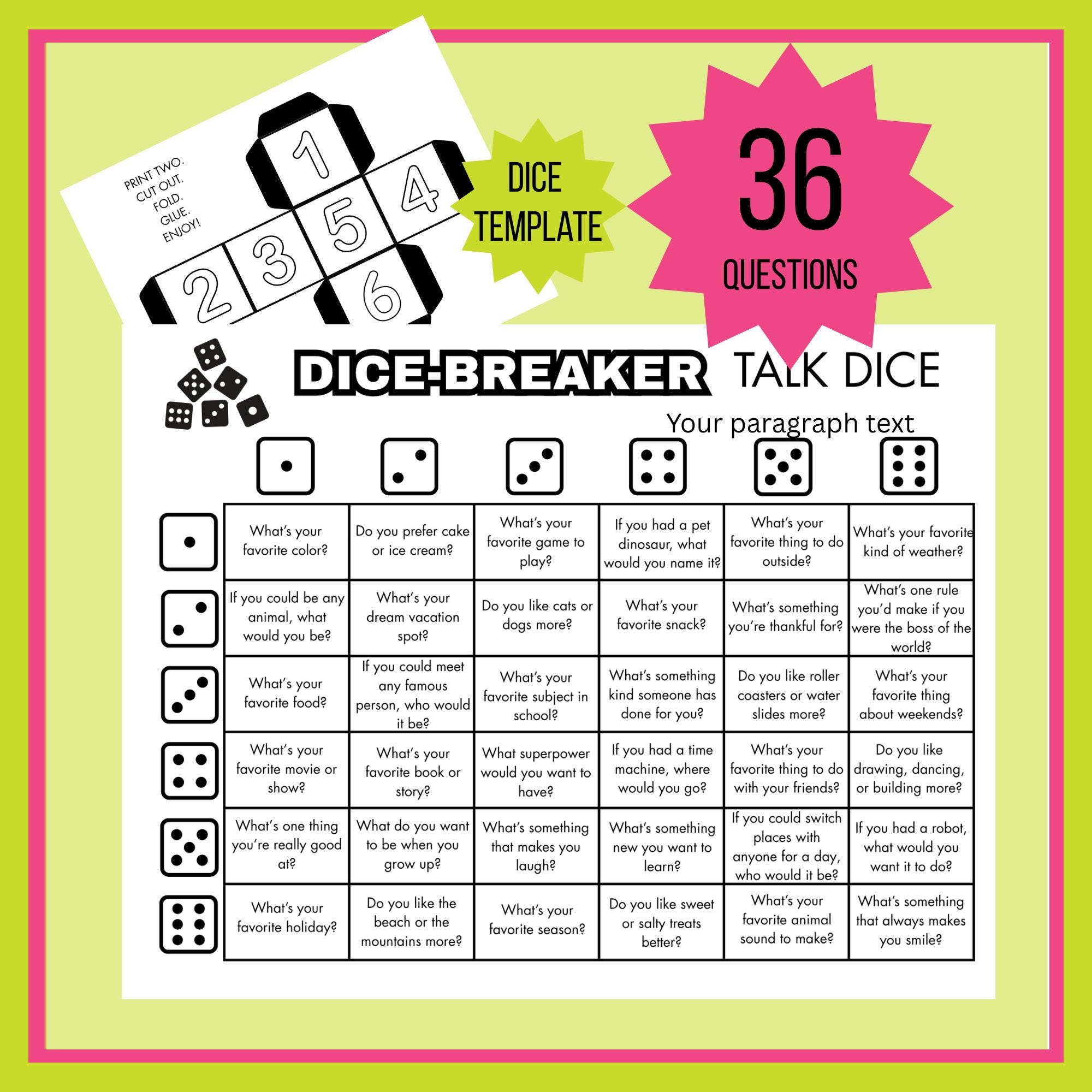 Printable Dice Breaker Game: 36 Icebreaker Questions, DIY Dice (digital ...