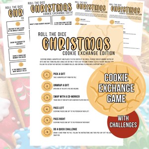 Pode incluir: Um jogo temático de Natal sobre troca de biscoitos, intitulado "Roll the Dice Christmas Cookie Exchange Edition". O jogo inclui instruções para escolher, desembrulhar e trocar presentes, com desafios. O design apresenta um gráfico de biscoito.