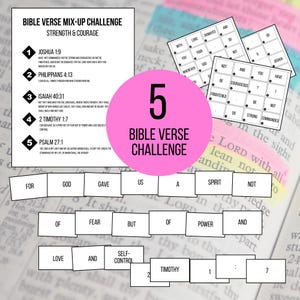 May include: A Bible Verse Mix-Up Challenge game with the text "Strength & Courage." The game includes numbered Bible verses, a pink circle with the text "5 Bible Verse Challenge," and word puzzle pieces. The background is a Bible.