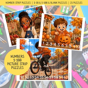 Peut inclure: Un ensemble de 21 puzzles à bandes numériques imprimables illustrant des scènes d'automne avec des enfants, des pommes, des citrouilles et un vélo. Chaque puzzle est divisé en bandes verticales numérotées de 1 à 100.