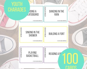 Jeu de charades pour les jeunes : 100 invites amusantes, jeu de société imprimable (téléchargement PDF instantané)