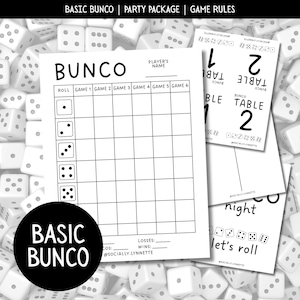 May include: A black and white Bunco party package with game rules. The image shows score sheets, table cards, and a round graphic with the words "Basic Bunco". Dice are scattered in the background.
