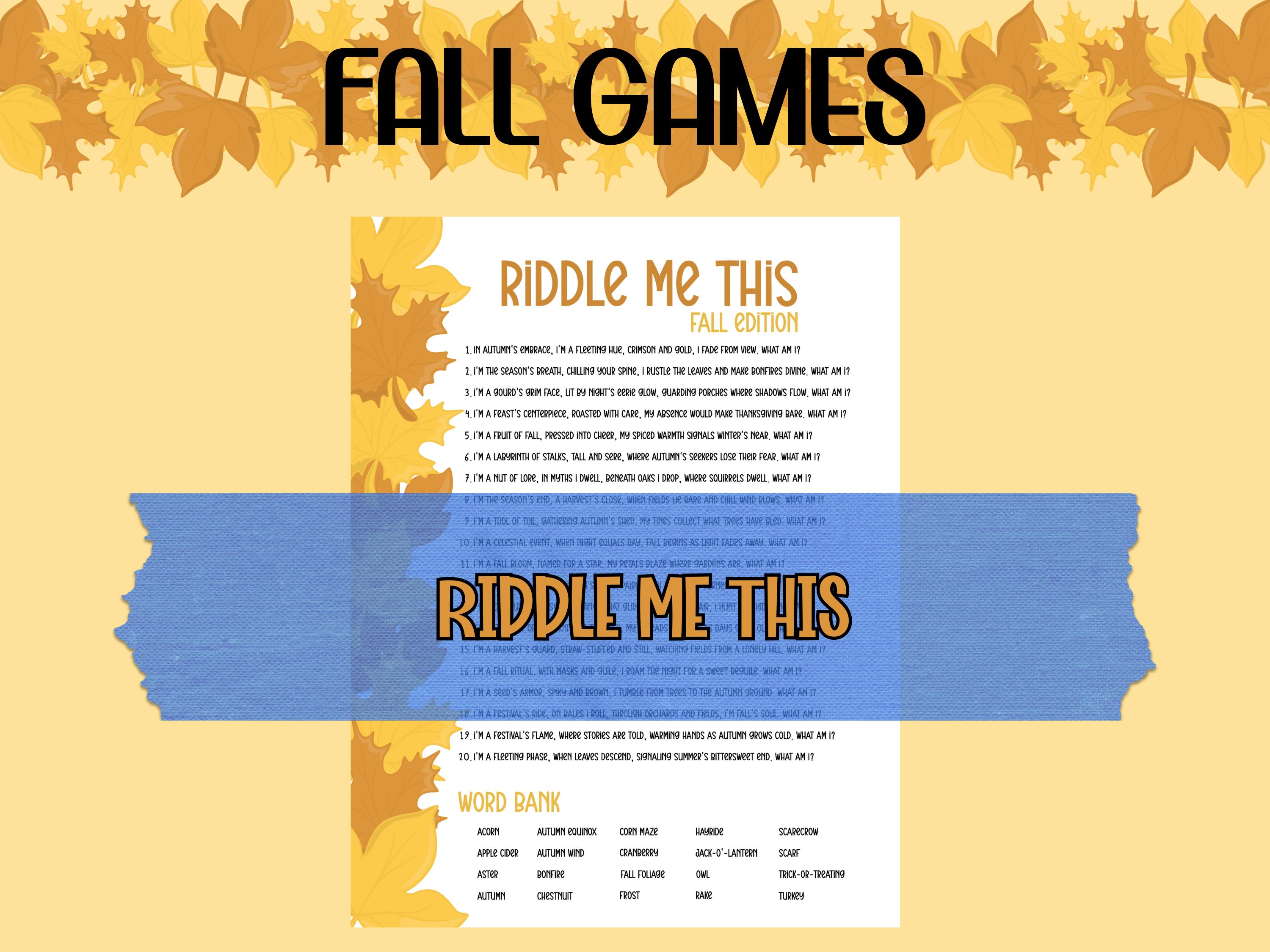 Fall Riddles Game: Thanksgiving Bonfire Group Activity (PDF Printable ...