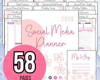 Op de afbeelding: Een roze en witte social media planner met de tekst "Social Media Planner" en "2026". De planner bevat 58 pagina's en diverse planningssecties. Het ontwerp bevat bloemaccenten en social media iconen.