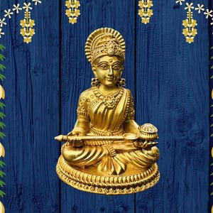May include: A golden statue of a seated deity, adorned with intricate jewelry and a crown, set against a deep blue wooden background. The statue holds objects in its hands. Decorative floral and star patterns frame the image.