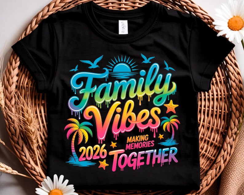 May include: Black t-shirt with a colorful graphic that reads "Family Vibes" with the year "2026" and the words "Making Memories Together." The design includes palm trees, stars, birds, and a sun.