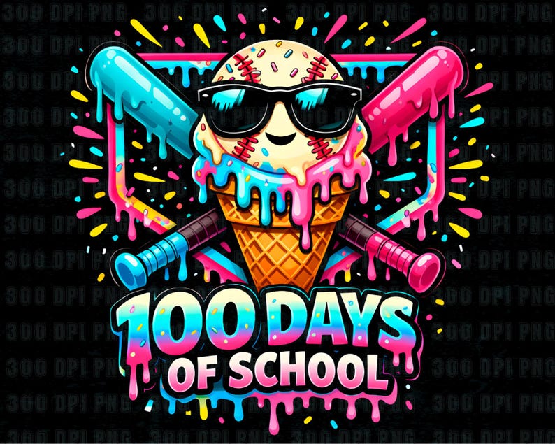 100 dni szkoły Png, Baseball Drip Png, Projekt koszulki dla nauczyciela, Krople lodów Png, Zabawna szkoła Png, Koszulka szkolna Png, Prezent dla nauczyciela zdjęcie 1