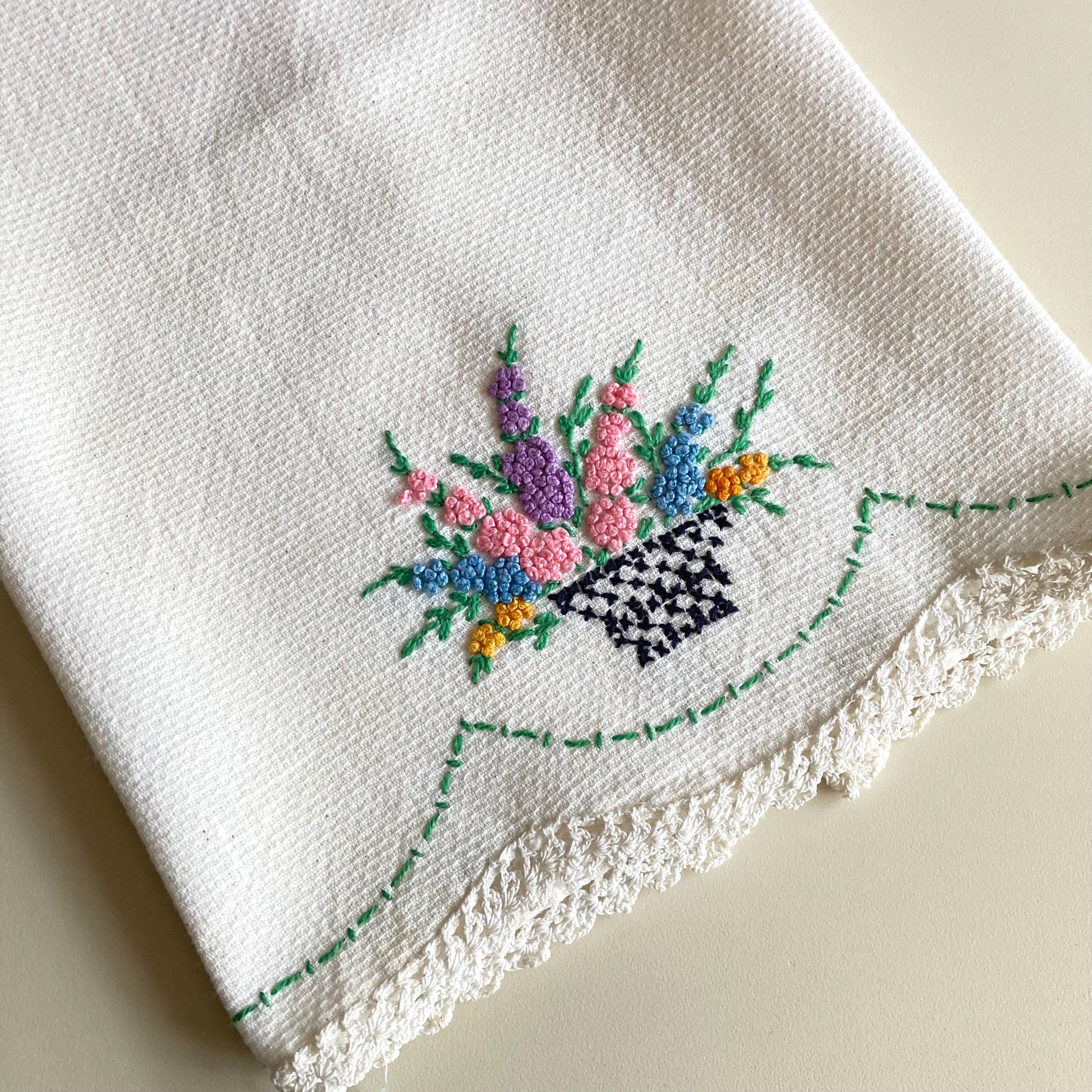 Vintage Hand Embroidered Tea Towel, VTG Linen Towel,Basket of Flowers,  Cottagecore Grannycore