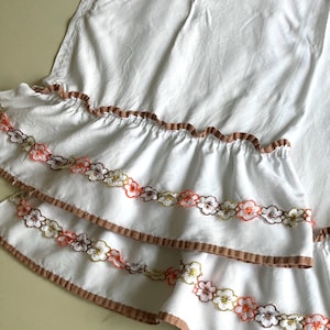Kitchen Curtain Panels with Valance, Vintage 1970s Cafe Curtains,  Floral Embroidered 3D Appliqué Trim