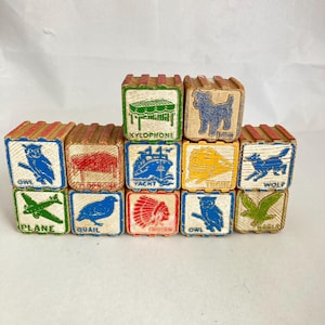 Vintage Children’s Wooden Playing Blocks, VTG 1950s Alphabet Animal Stamped Embossed Toy Blocks Set of 12