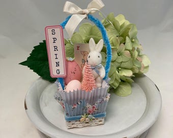 Easter Assemblage Bunny Basket, Mixed Media Easter Holiday Decor, Vintage Style Bottlebrush Tree Rabbit Eggs, Easter Basket Arrangement