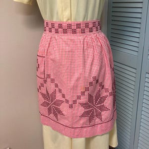 Vintage Red & White Kitchen Apron, Gingham Check Half Apron with Cross Stitch Embroidery, Kitchen Work Apron with Pocket