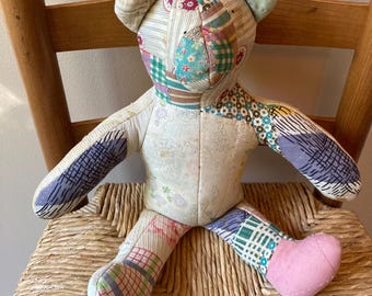 Vintage Patchwork Teddy Bear, Quilted Folk Art Stuffed Bear, Handmade, Cottagecore