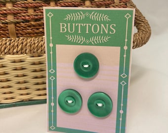 Emerald Green Button Set,  Vintage Set of 3 Plastic Two Hole 5/8” Buttons