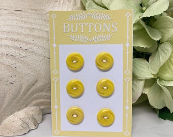 Vintage Yellow Button Set, Plastic 1960s Dress Blouse Buttons, Mid Century Sewing Buttons, Two Hole 1/2" Yellow Button Set of Six