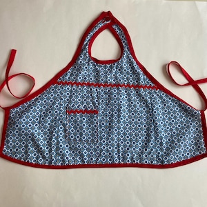Handmade Vintage Style Childs Apron, VTG Blue Cotton Print Fabric Apron with Back Ties, Vintage 1940s Fabric & Rick Rack Trim, 18 Month Size