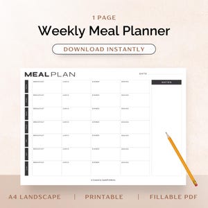 Puede incluir: Un planificador de comidas semanal imprimible en formato A4 horizontal. El planificador tiene secciones para el desayuno, el almuerzo, la cena, los refrigerios y las notas. El texto "MEAL PLAN" está en la parte superior del planificador.