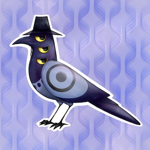 May include: Illustration of a stylized bird with three yellow eyes, wearing a black hat and a suit. The bird has a purple body with a light blue wing featuring a target design. The background is a repeating pattern of wavy lines in shades of purple.