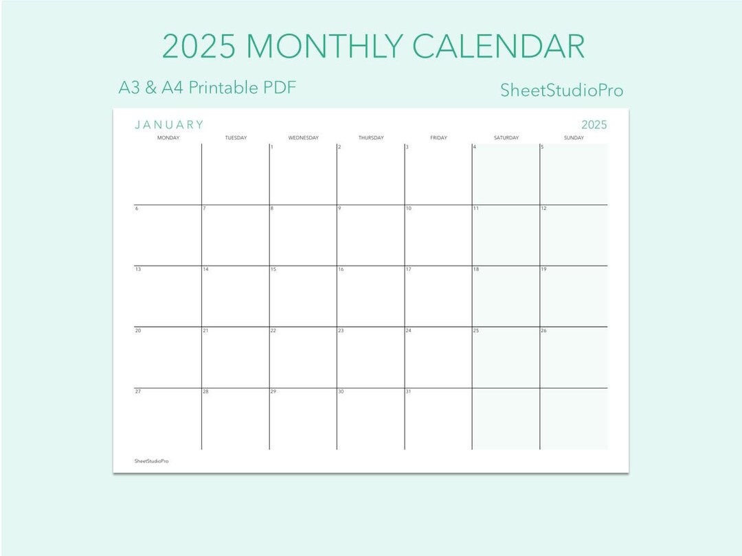2025 Monthly Calendar Printable A3 & A4 Templates - Etsy
