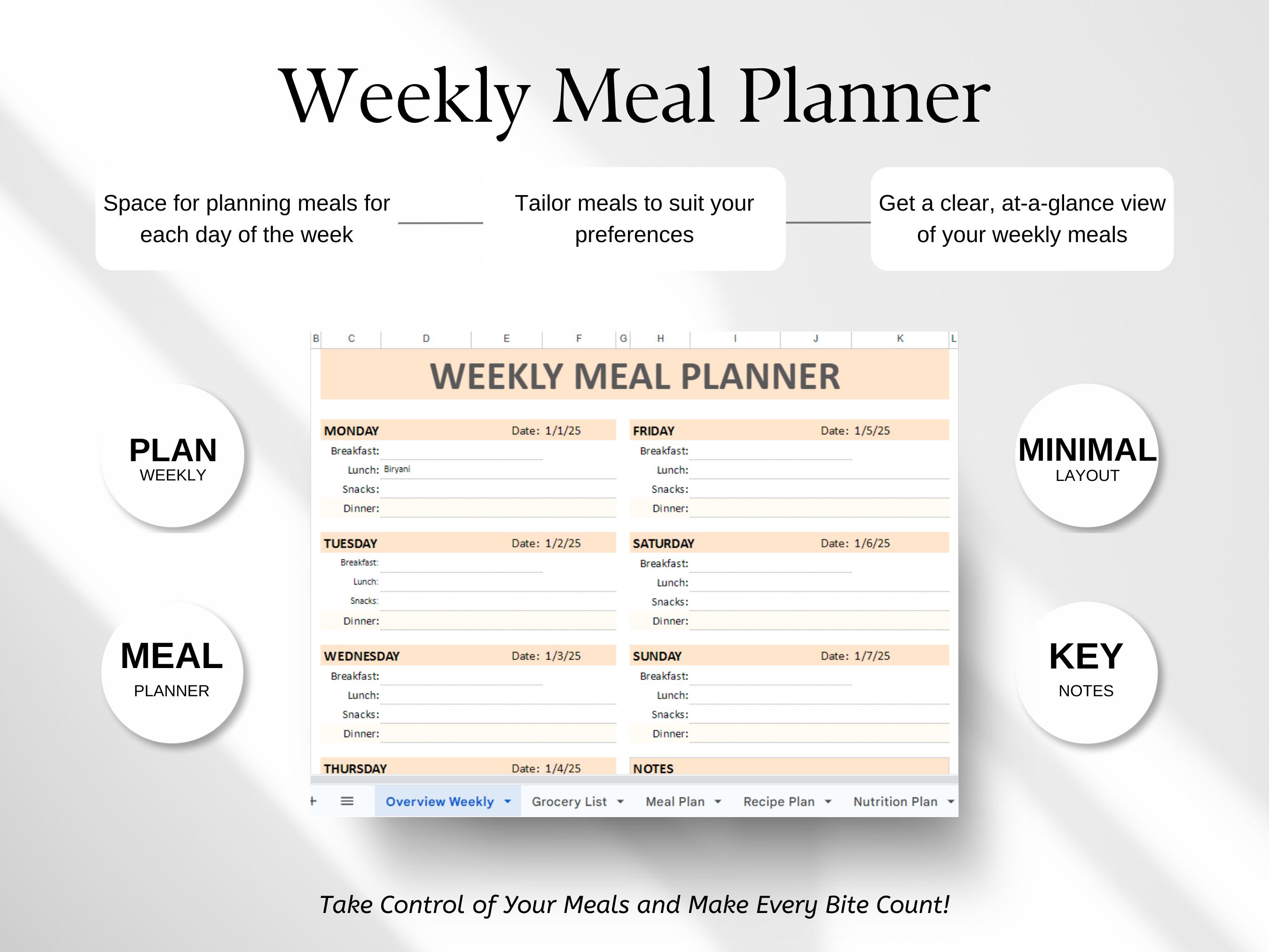Weekly Meal Planner Template, Meal Planner Excel Template, Meal Planner ...