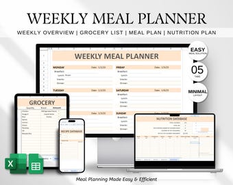 Plantilla de planificador de comidas semanal, diario de recetas, hoja de cálculo de Google, Excel (hoja de cálculo imprimible)