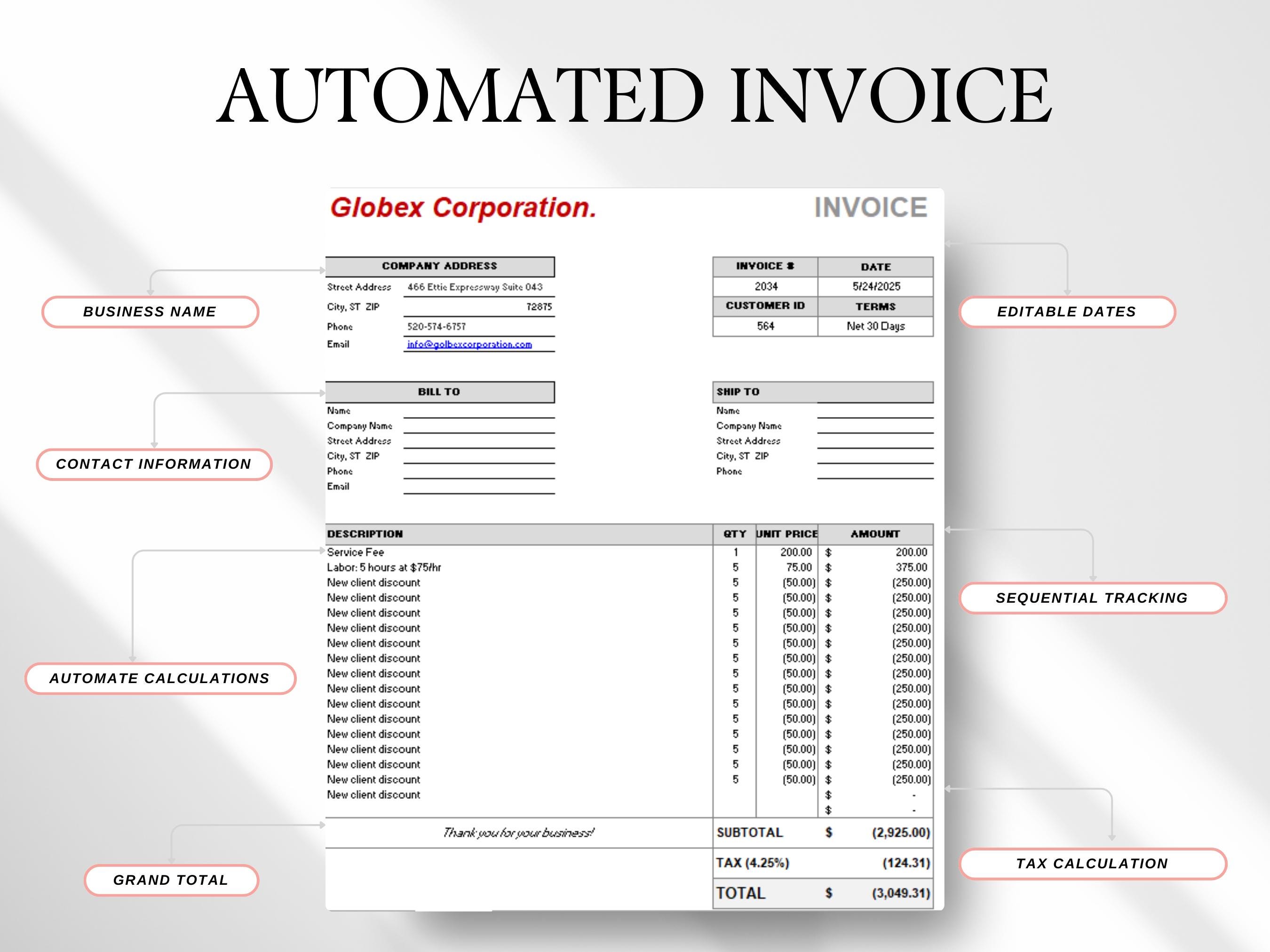 Excel Invoice Template, Professional Business Billing (digital Download ...