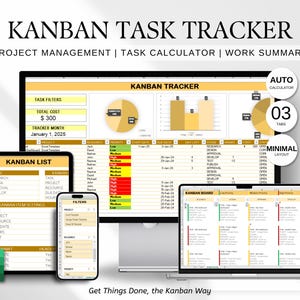 May include: A digital Kanban task tracker spreadsheet with three tabs: Kanban List, Kanban Tracker, and Kanban Board. The spreadsheet is designed to help manage projects, calculate tasks, and summarize work. The spreadsheet has a yellow and orange color scheme.