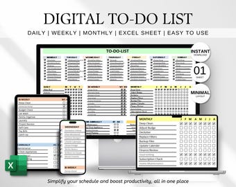 Modèle Excel de liste de tâches, liste de contrôle quotidienne, hebdomadaire, mensuelle (téléchargement numérique)
