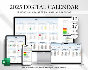 2025 Excel Kalender, Monatliche Aufgabenliste (Digitaler Download)