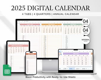 2025 Google Sheets Calendar, Quarterly Task Tracker (Digital Download)