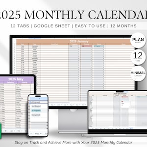 Kalendarz Google Sheet 2025, Miesięczny kalendarz Google 2025, Śledzenie zadań Google, Arkusz kalkulacyjny Kalendarza Google, Inteligentny kalendarz Google Sheet