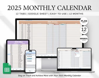 2025 Google Sheet Calendar, Monthly Task Tracker (Digital Download)